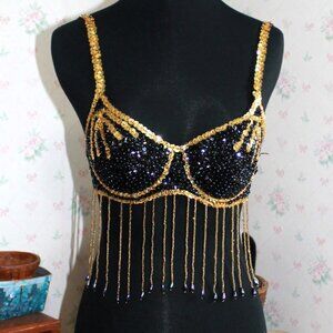 Belly Dancer Gypsy Halloween Costume Sequined Fringed Bra, Small, 32B-32C